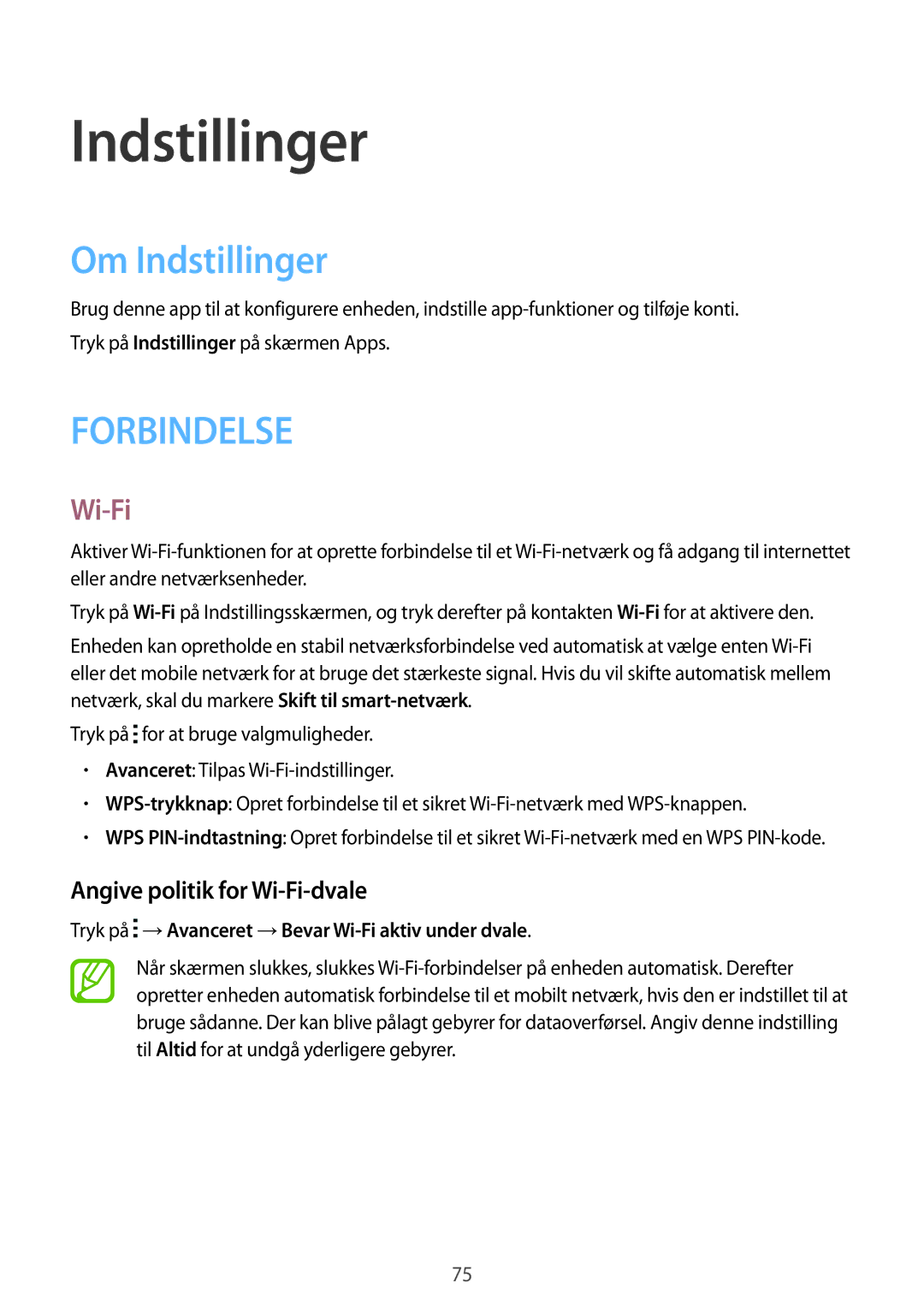 Samsung SM-T116NDWANEE, SM-T116NYKANEE manual Om Indstillinger, Angive politik for Wi-Fi-dvale 