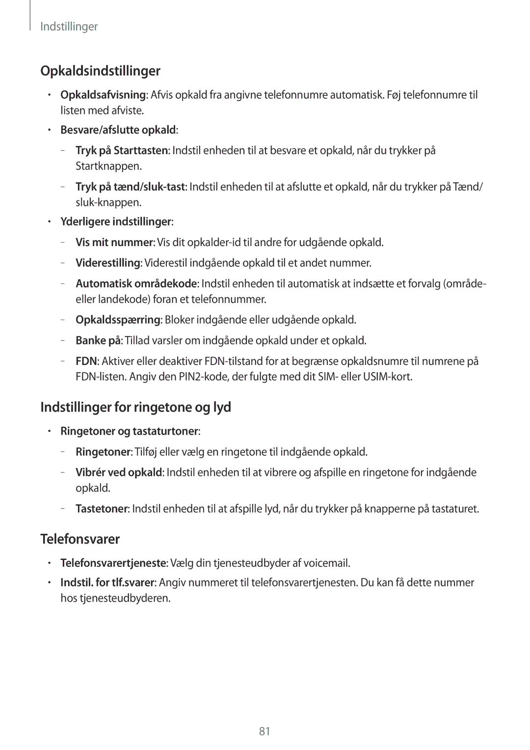Samsung SM-T116NDWANEE, SM-T116NYKANEE manual Opkaldsindstillinger, Indstillinger for ringetone og lyd, Telefonsvarer 