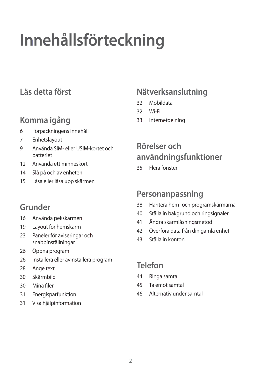 Samsung SM-T116NYKANEE, SM-T116NDWANEE manual Innehållsförteckning, Läs detta först Komma igång 