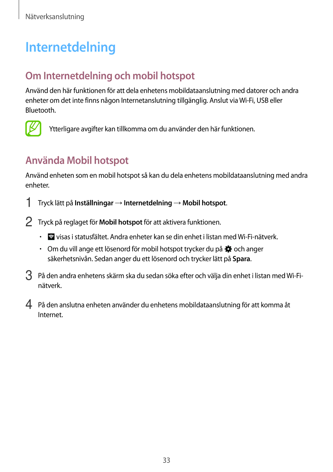 Samsung SM-T116NDWANEE, SM-T116NYKANEE manual Om Internetdelning och mobil hotspot, Använda Mobil hotspot 