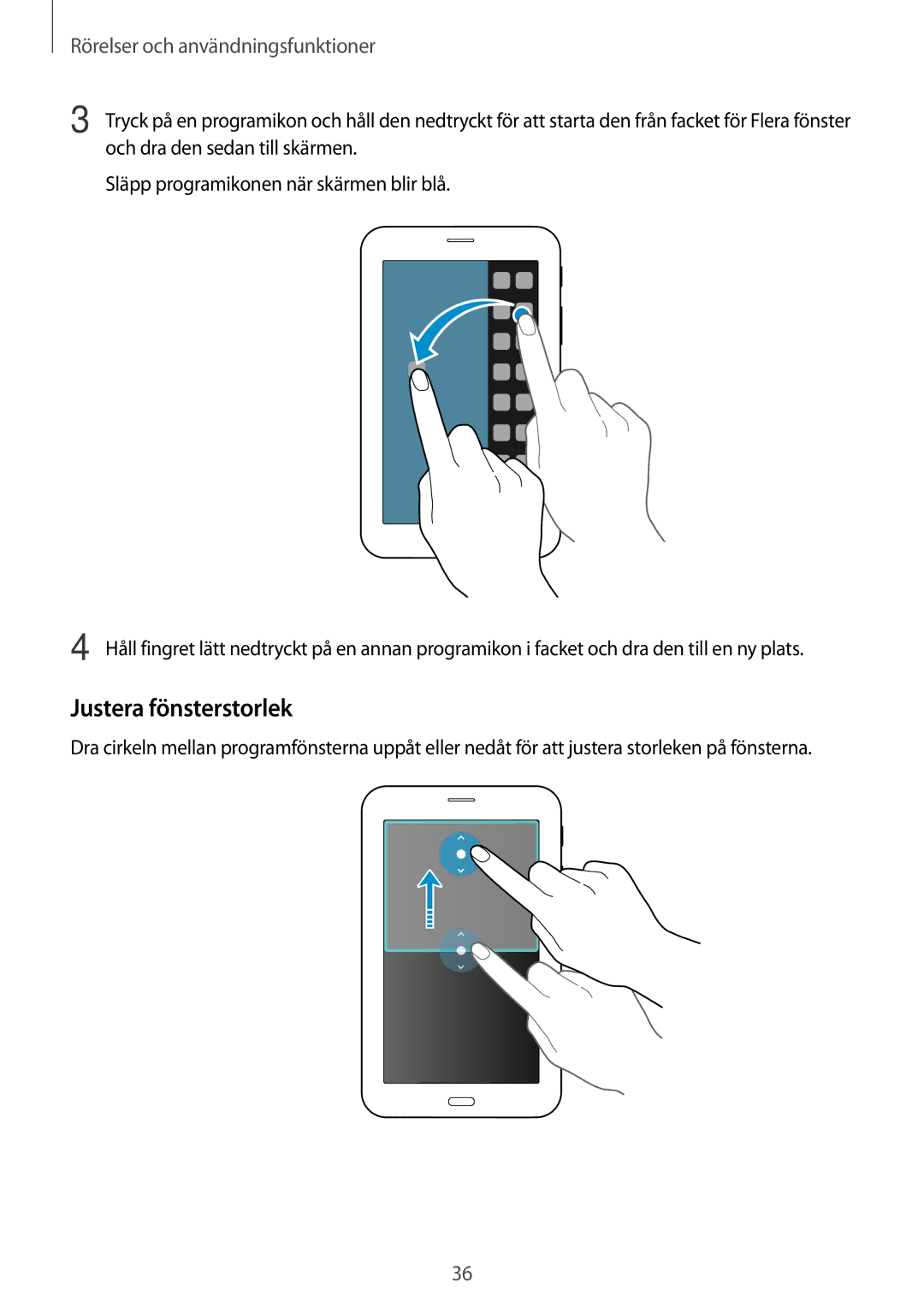 Samsung SM-T116NYKANEE, SM-T116NDWANEE manual Justera fönsterstorlek, Rörelser och användningsfunktioner 