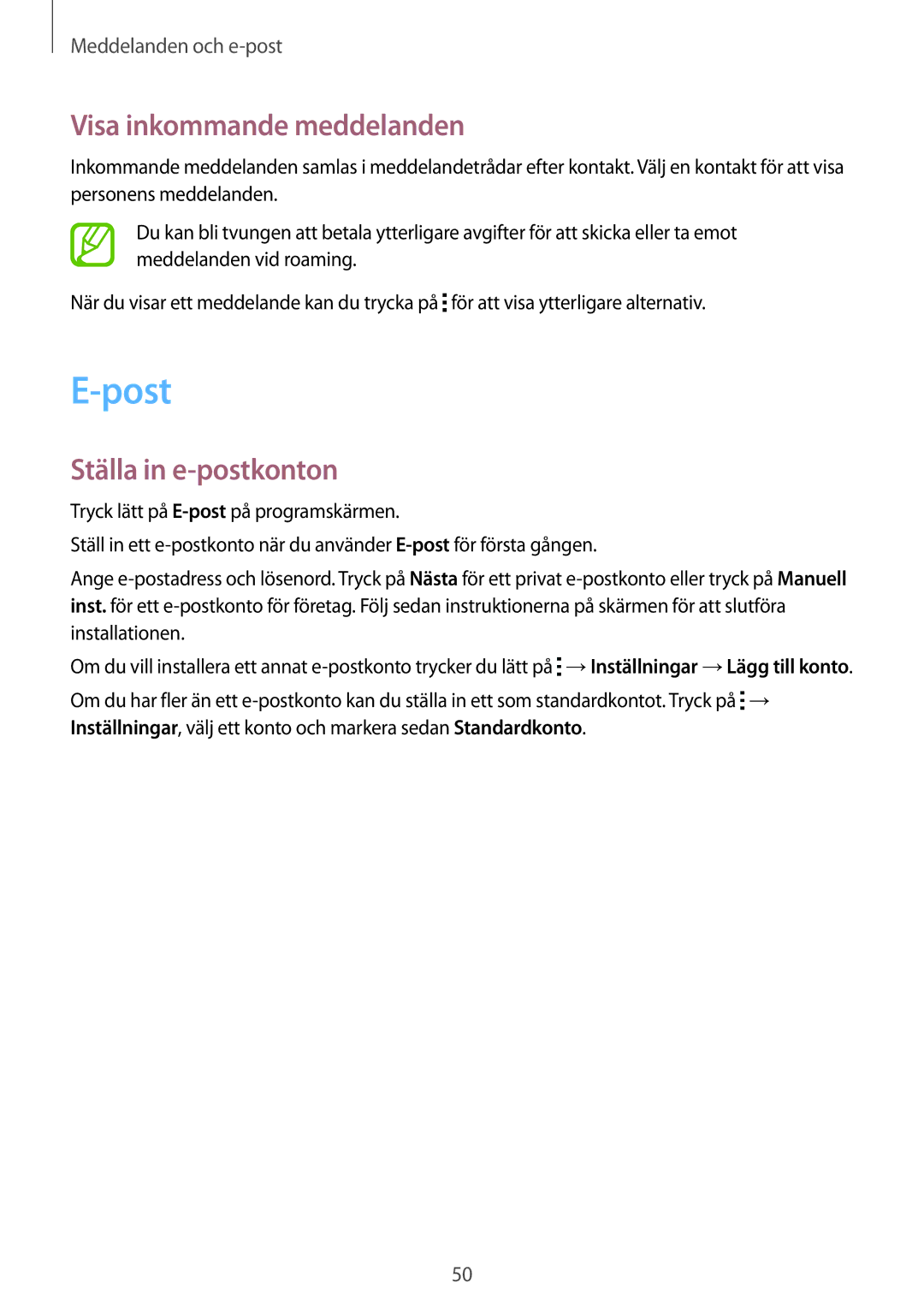 Samsung SM-T116NYKANEE, SM-T116NDWANEE manual Post, Visa inkommande meddelanden, Ställa in e-postkonton 