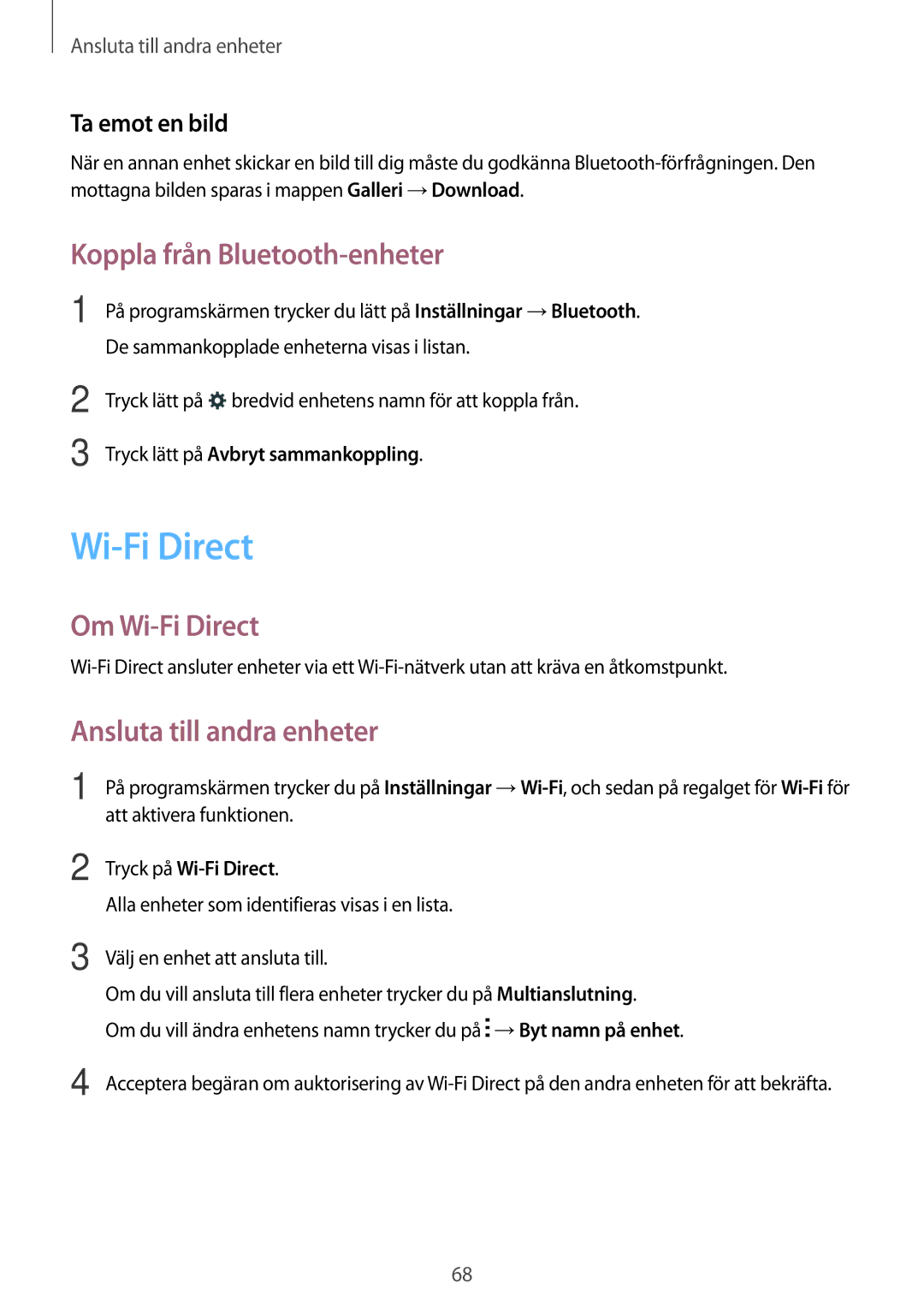 Samsung SM-T116NYKANEE Koppla från Bluetooth-enheter, Om Wi-Fi Direct, Ansluta till andra enheter, Ta emot en bild 