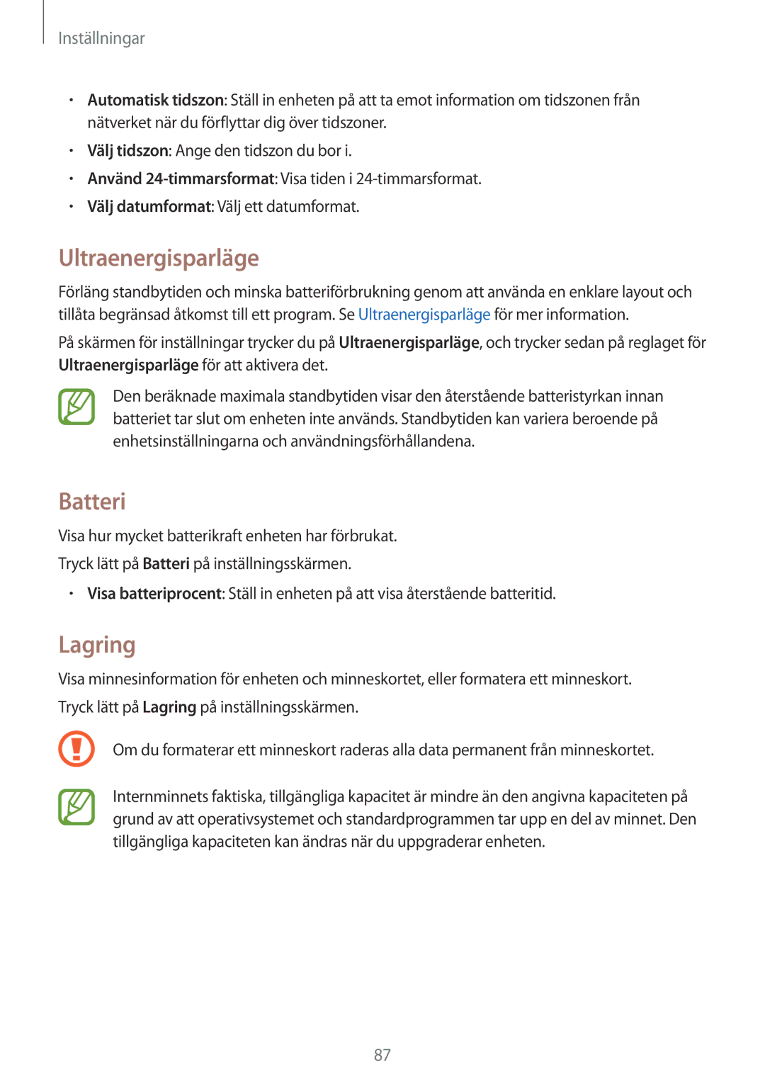 Samsung SM-T116NDWANEE, SM-T116NYKANEE manual Batteri, Lagring 