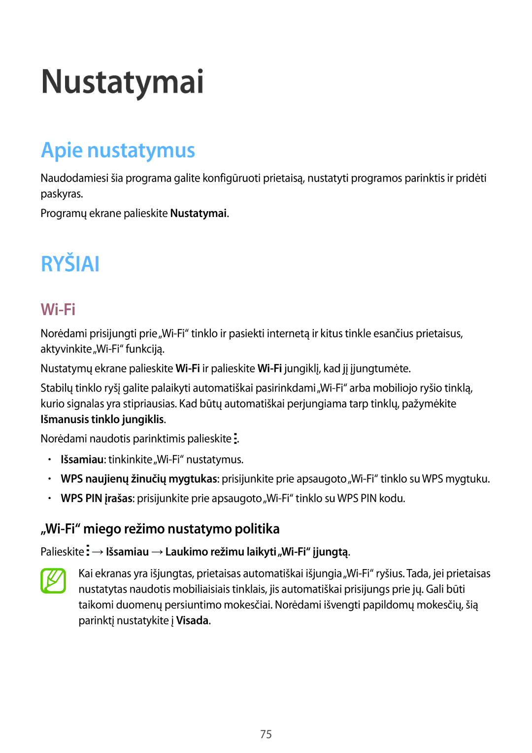 Samsung SM-T116NDWASEB, SM-T116NYKASEB manual Nustatymai, Apie nustatymus, „Wi-Fi miego režimo nustatymo politika 