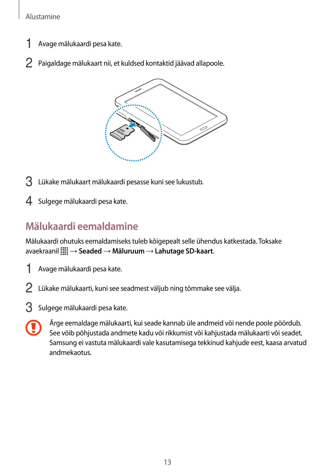 Samsung SM-T116NDWASEB, SM-T116NYKASEB manual Mälukaardi eemaldamine 