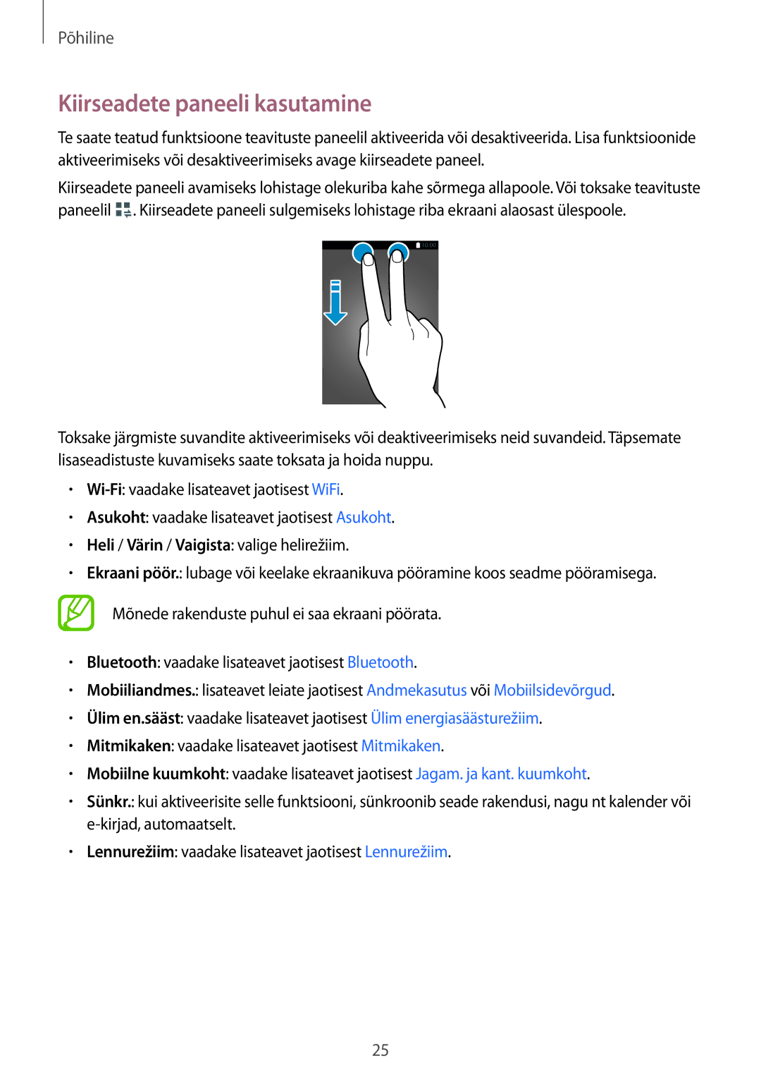 Samsung SM-T116NDWASEB, SM-T116NYKASEB manual Kiirseadete paneeli kasutamine 