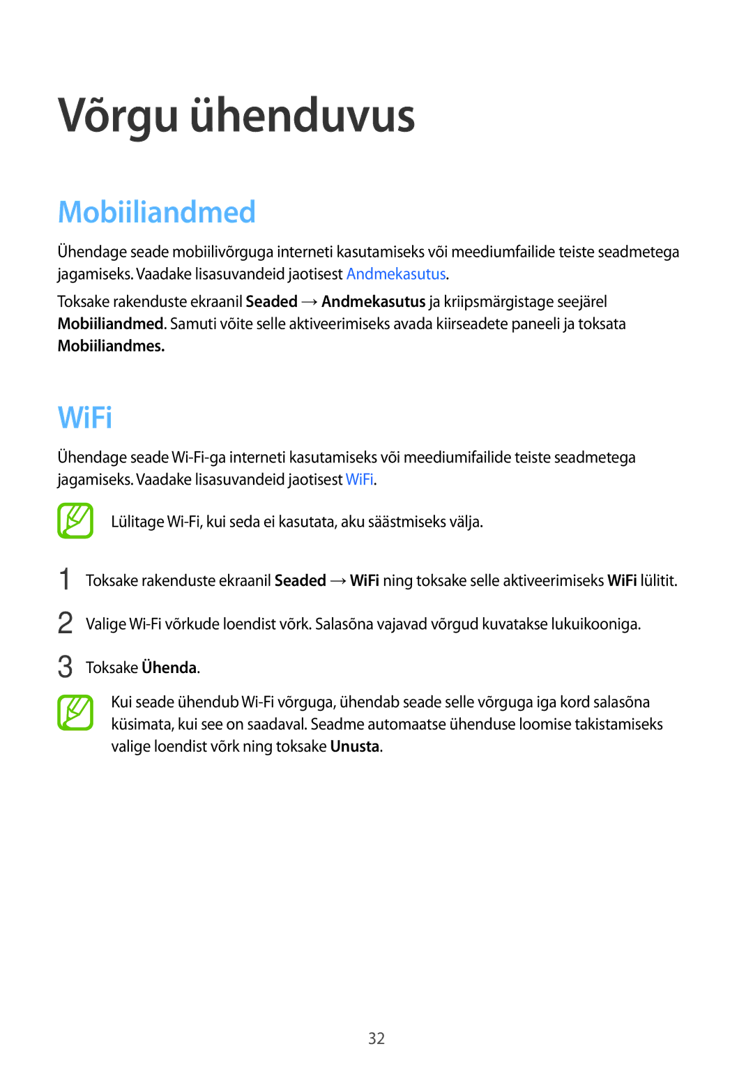 Samsung SM-T116NYKASEB, SM-T116NDWASEB manual Võrgu ühenduvus, Mobiiliandmed, WiFi, Mobiiliandmes 