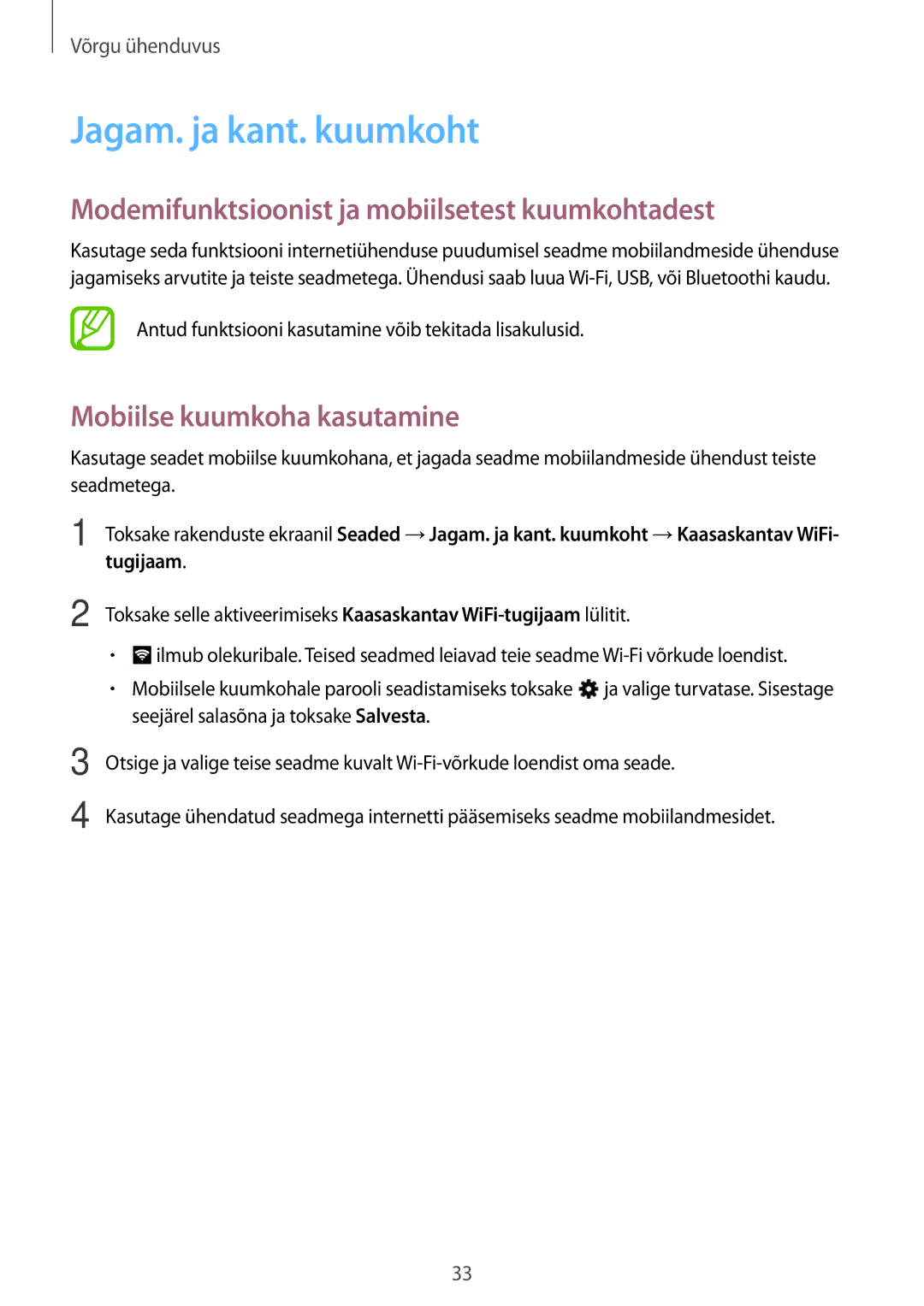 Samsung SM-T116NDWASEB, SM-T116NYKASEB manual Jagam. ja kant. kuumkoht, Modemifunktsioonist ja mobiilsetest kuumkohtadest 