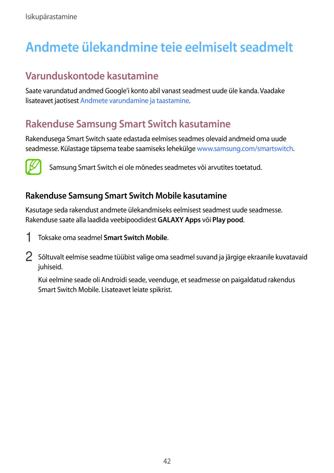 Samsung SM-T116NYKASEB, SM-T116NDWASEB manual Varunduskontode kasutamine, Rakenduse Samsung Smart Switch kasutamine 