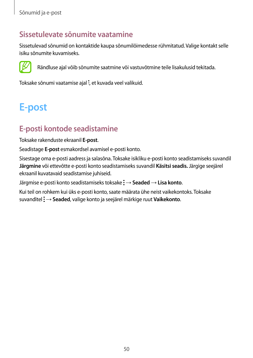 Samsung SM-T116NYKASEB, SM-T116NDWASEB manual Sissetulevate sõnumite vaatamine, Posti kontode seadistamine 