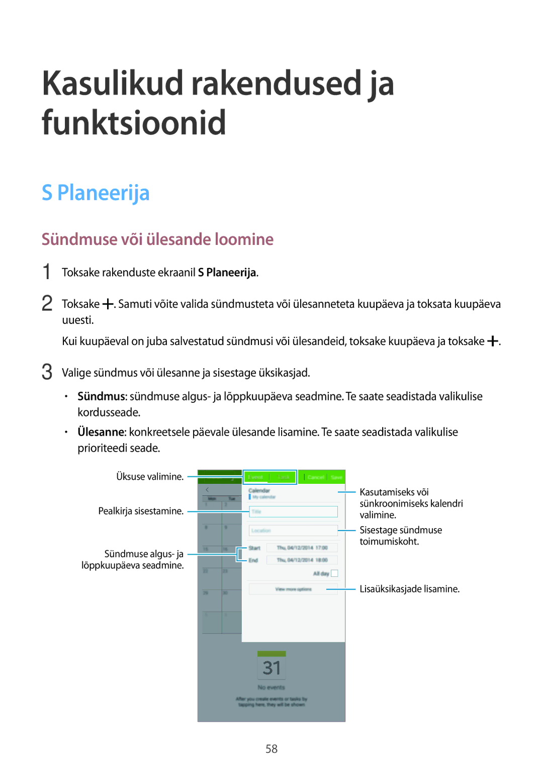 Samsung SM-T116NYKASEB, SM-T116NDWASEB manual Planeerija, Sündmuse või ülesande loomine 