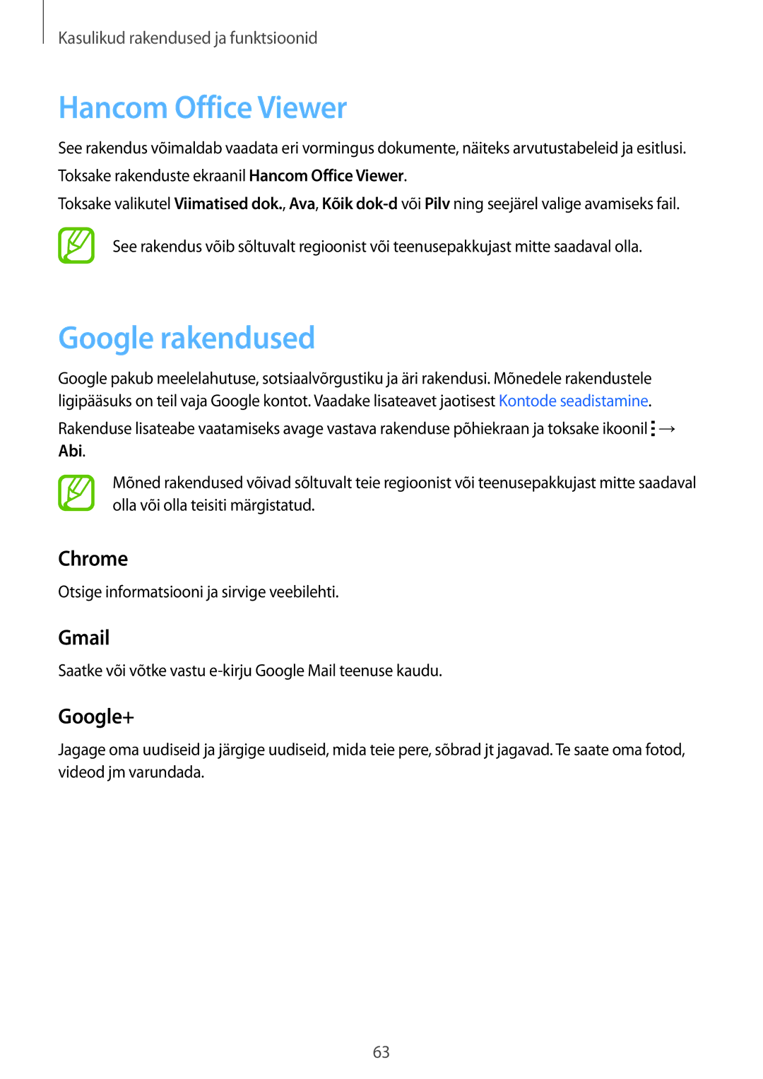 Samsung SM-T116NDWASEB manual Hancom Office Viewer, Google rakendused, Otsige informatsiooni ja sirvige veebilehti 