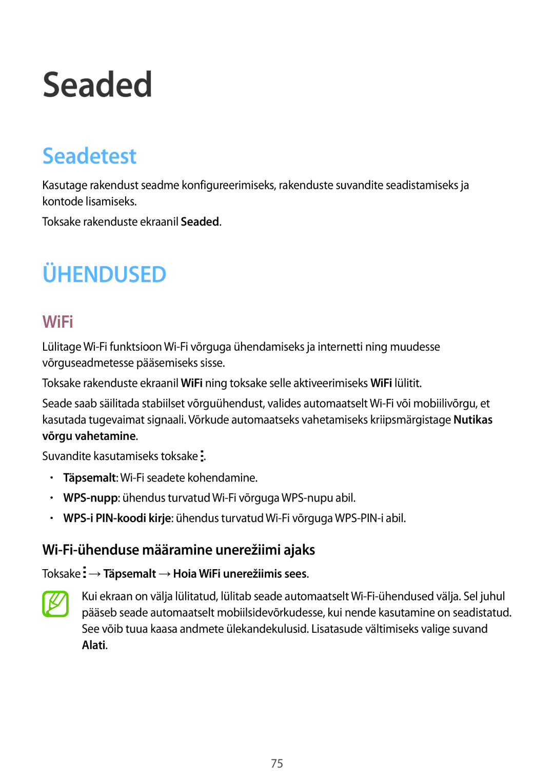 Samsung SM-T116NDWASEB, SM-T116NYKASEB manual Seaded, Seadetest, WiFi, Wi-Fi-ühenduse määramine unerežiimi ajaks 