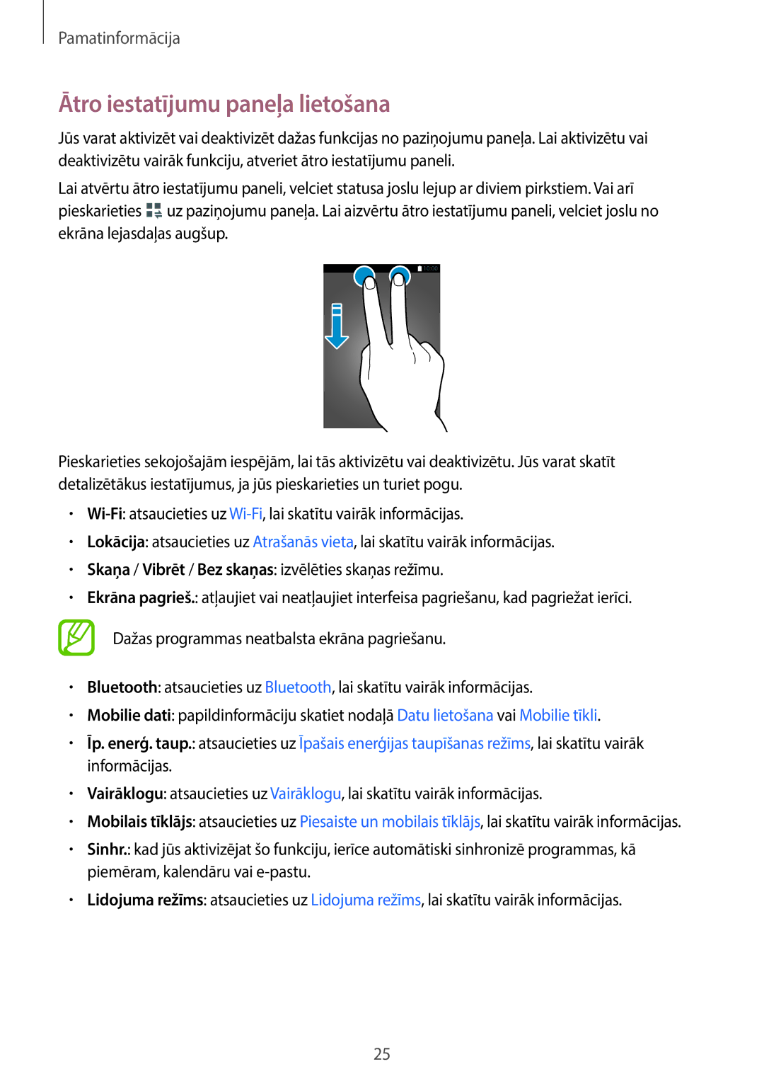 Samsung SM-T116NDWASEB, SM-T116NYKASEB manual Ātro iestatījumu paneļa lietošana 