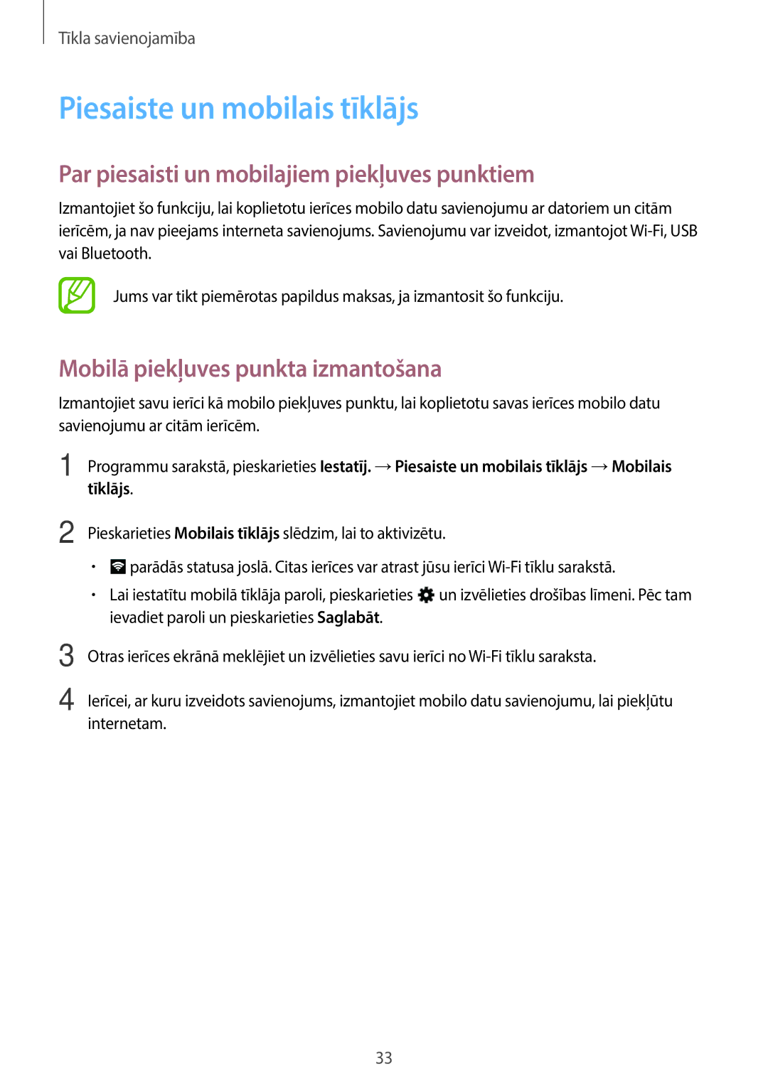 Samsung SM-T116NDWASEB, SM-T116NYKASEB manual Piesaiste un mobilais tīklājs, Par piesaisti un mobilajiem piekļuves punktiem 
