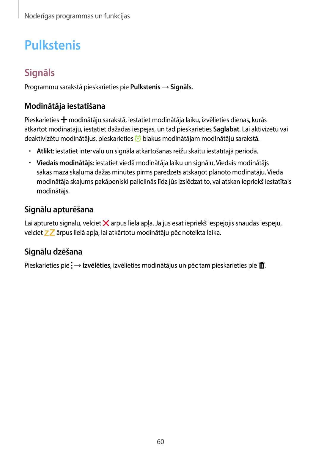 Samsung SM-T116NYKASEB, SM-T116NDWASEB Pulkstenis, Signāls, Modinātāja iestatīšana, Signālu apturēšana, Signālu dzēšana 