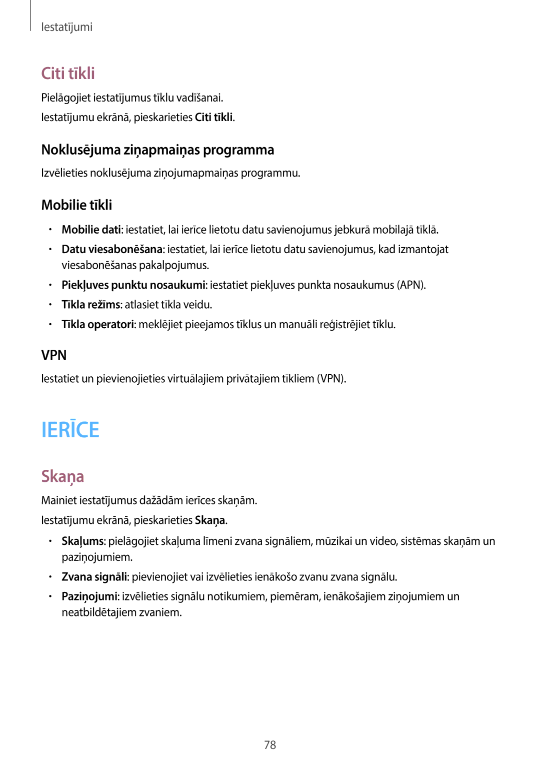 Samsung SM-T116NYKASEB, SM-T116NDWASEB manual Citi tīkli, Skaņa, Noklusējuma ziņapmaiņas programma, Mobilie tīkli 