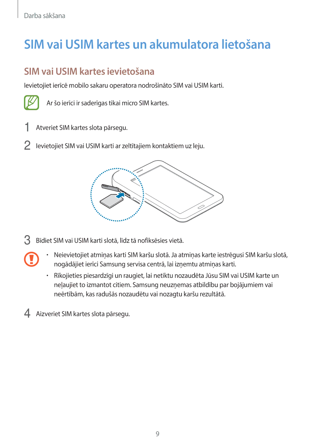 Samsung SM-T116NDWASEB, SM-T116NYKASEB manual SIM vai Usim kartes un akumulatora lietošana, SIM vai Usim kartes ievietošana 