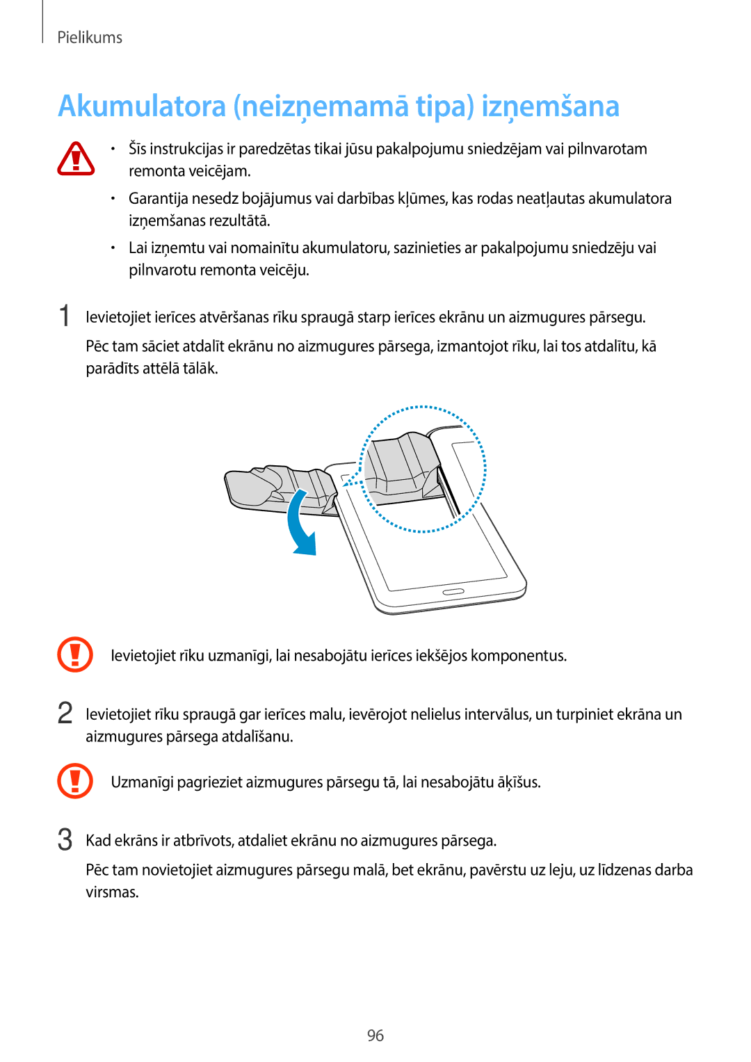 Samsung SM-T116NYKASEB, SM-T116NDWASEB manual Akumulatora neizņemamā tipa izņemšana 