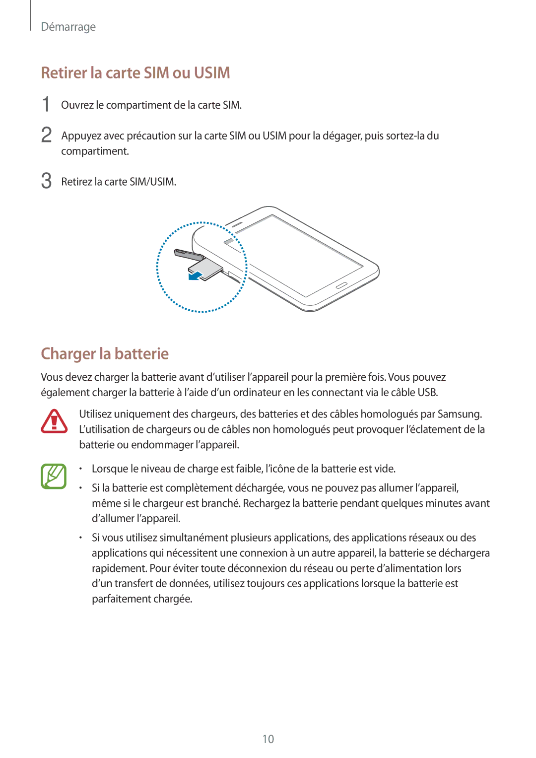 Samsung SM-T116NYKAXEF manual Retirer la carte SIM ou Usim, Charger la batterie 