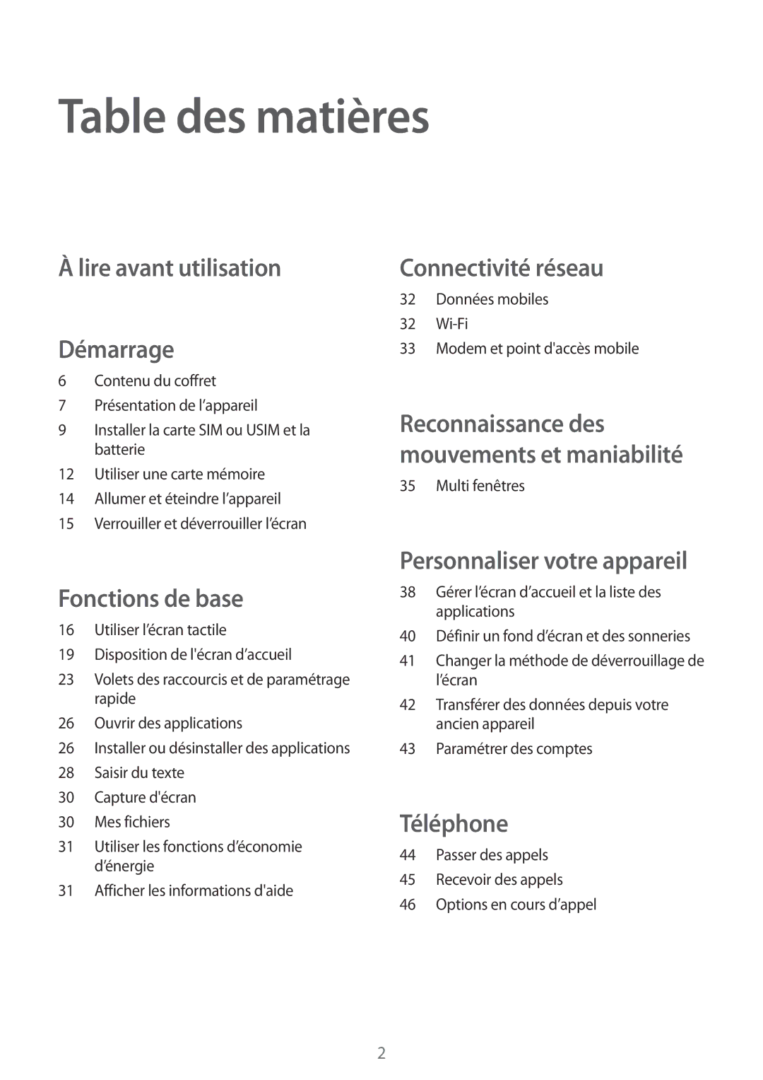 Samsung SM-T116NYKAXEF manual Table des matières, Lire avant utilisation Démarrage 