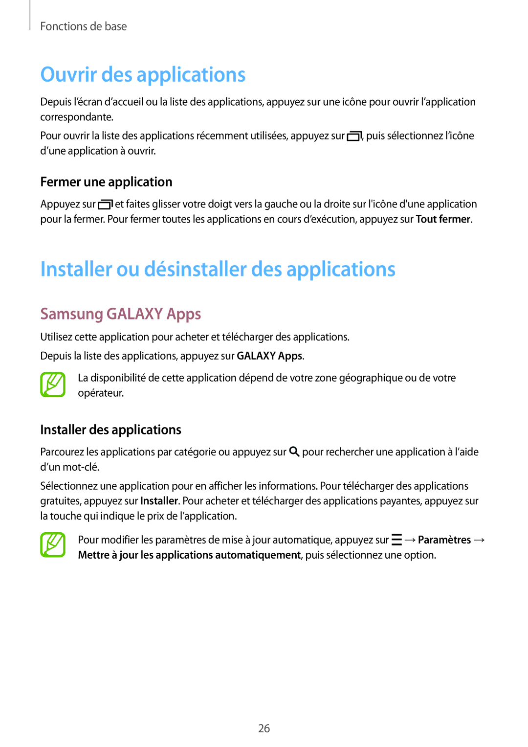 Samsung SM-T116NYKAXEF manual Ouvrir des applications, Installer ou désinstaller des applications, Samsung Galaxy Apps 