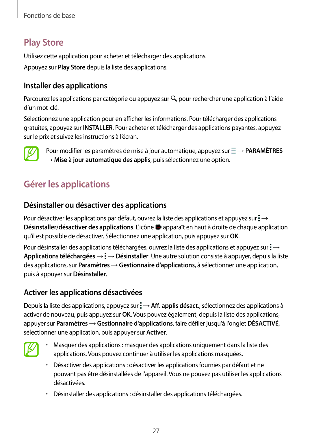 Samsung SM-T116NYKAXEF manual Play Store, Gérer les applications, Désinstaller ou désactiver des applications 