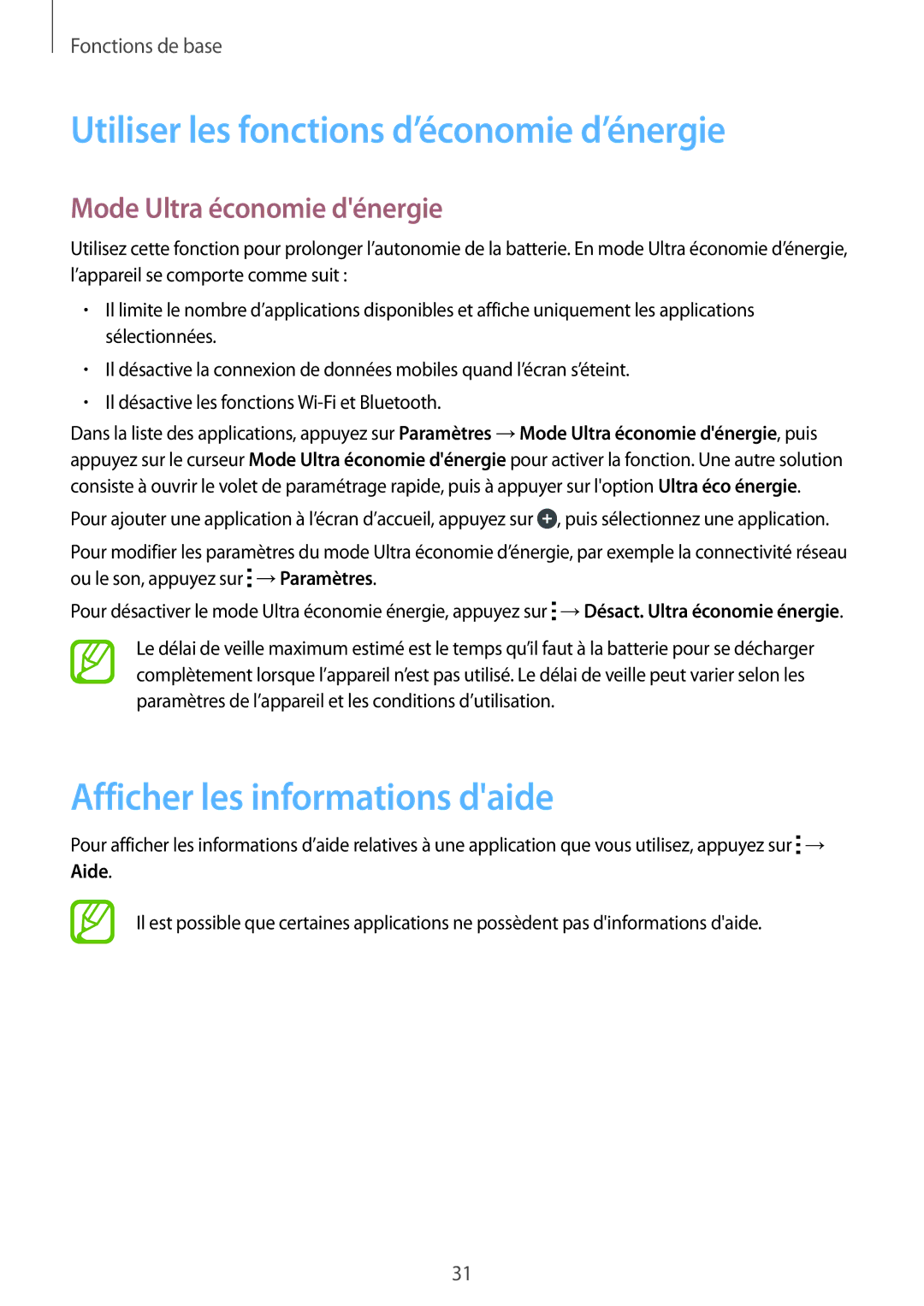 Samsung SM-T116NYKAXEF manual Utiliser les fonctions d’économie d’énergie, Afficher les informations daide 