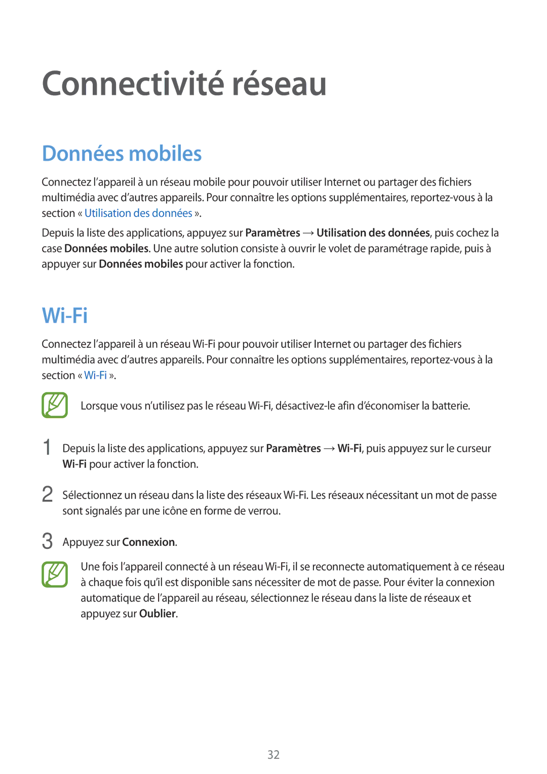 Samsung SM-T116NYKAXEF manual Connectivité réseau, Données mobiles, Wi-Fi 