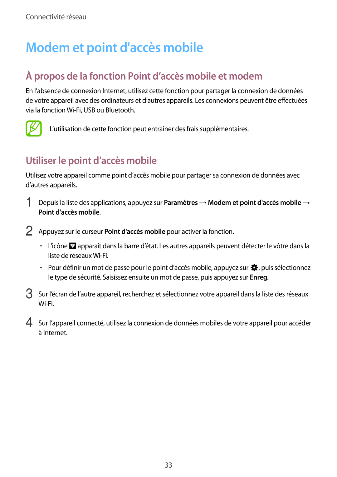 Samsung SM-T116NYKAXEF manual Modem et point daccès mobile, Propos de la fonction Point d’accès mobile et modem 