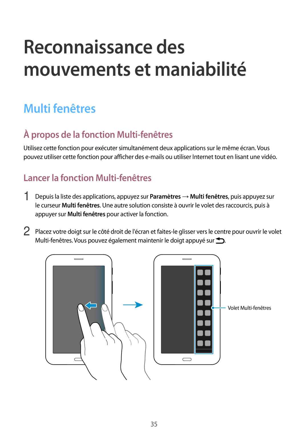 Samsung SM-T116NYKAXEF manual Multi fenêtres, Propos de la fonction Multi-fenêtres, Lancer la fonction Multi-fenêtres 