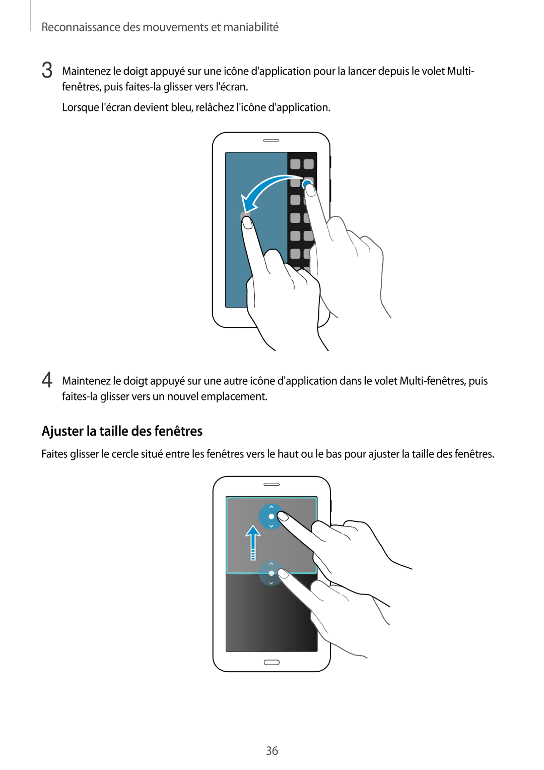 Samsung SM-T116NYKAXEF manual Ajuster la taille des fenêtres, Reconnaissance des mouvements et maniabilité 