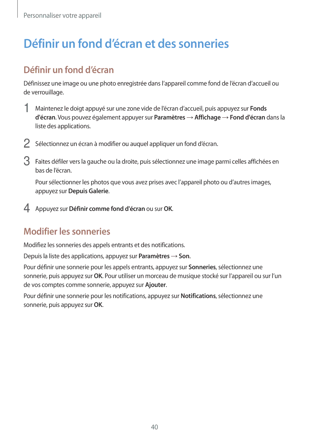 Samsung SM-T116NYKAXEF manual Définir un fond d’écran et des sonneries, Modifier les sonneries 