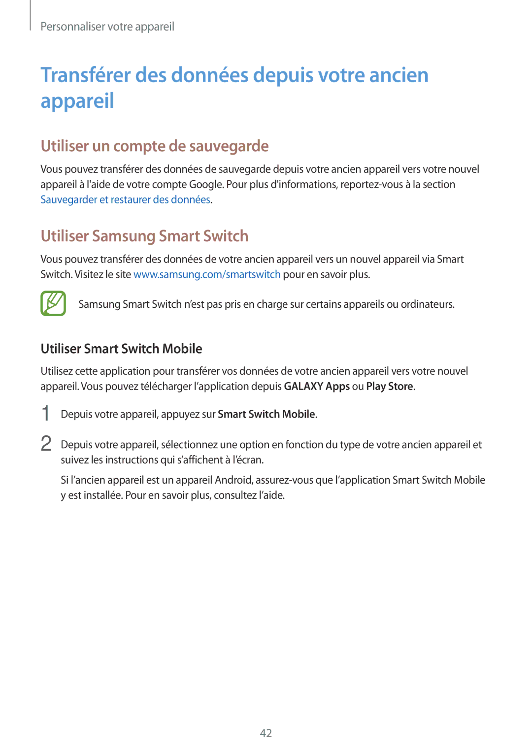 Samsung SM-T116NYKAXEF manual Transférer des données depuis votre ancien appareil, Utiliser un compte de sauvegarde 