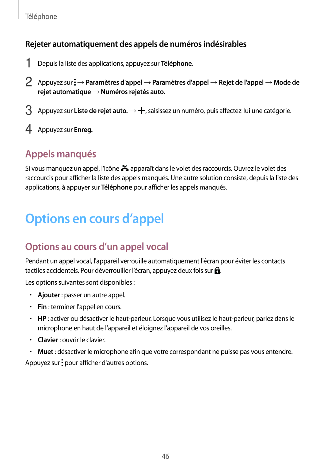 Samsung SM-T116NYKAXEF manual Options en cours d’appel, Appels manqués, Options au cours d’un appel vocal 