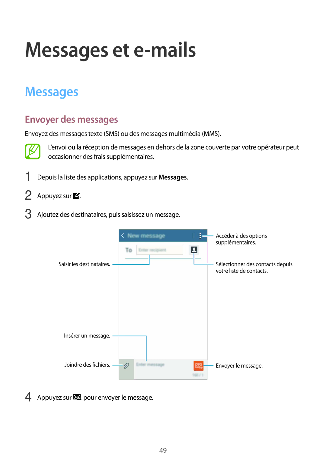 Samsung SM-T116NYKAXEF manual Messages et e-mails, Envoyer des messages 