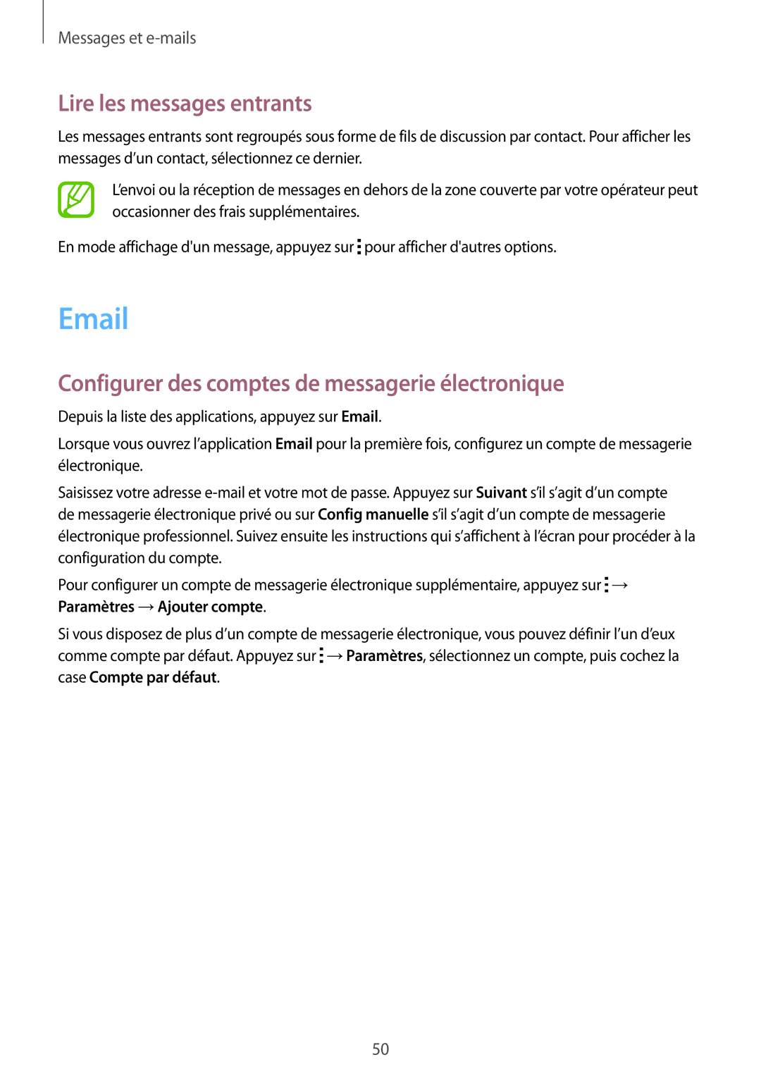 Samsung SM-T116NYKAXEF manual Lire les messages entrants, Configurer des comptes de messagerie électronique 