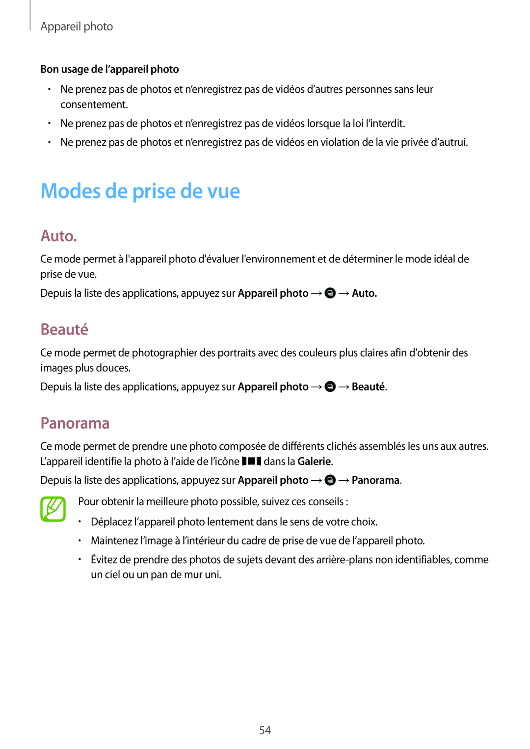 Samsung SM-T116NYKAXEF manual Modes de prise de vue, Auto, Beauté, Panorama, Bon usage de l’appareil photo 