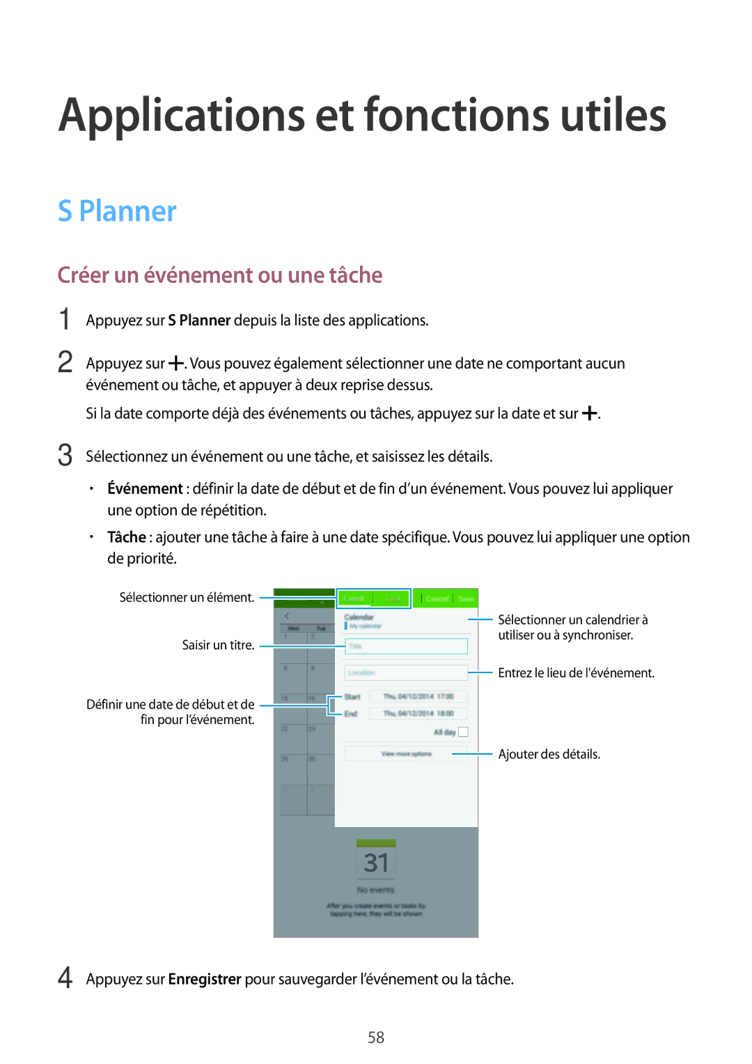 Samsung SM-T116NYKAXEF manual Planner, Créer un événement ou une tâche 