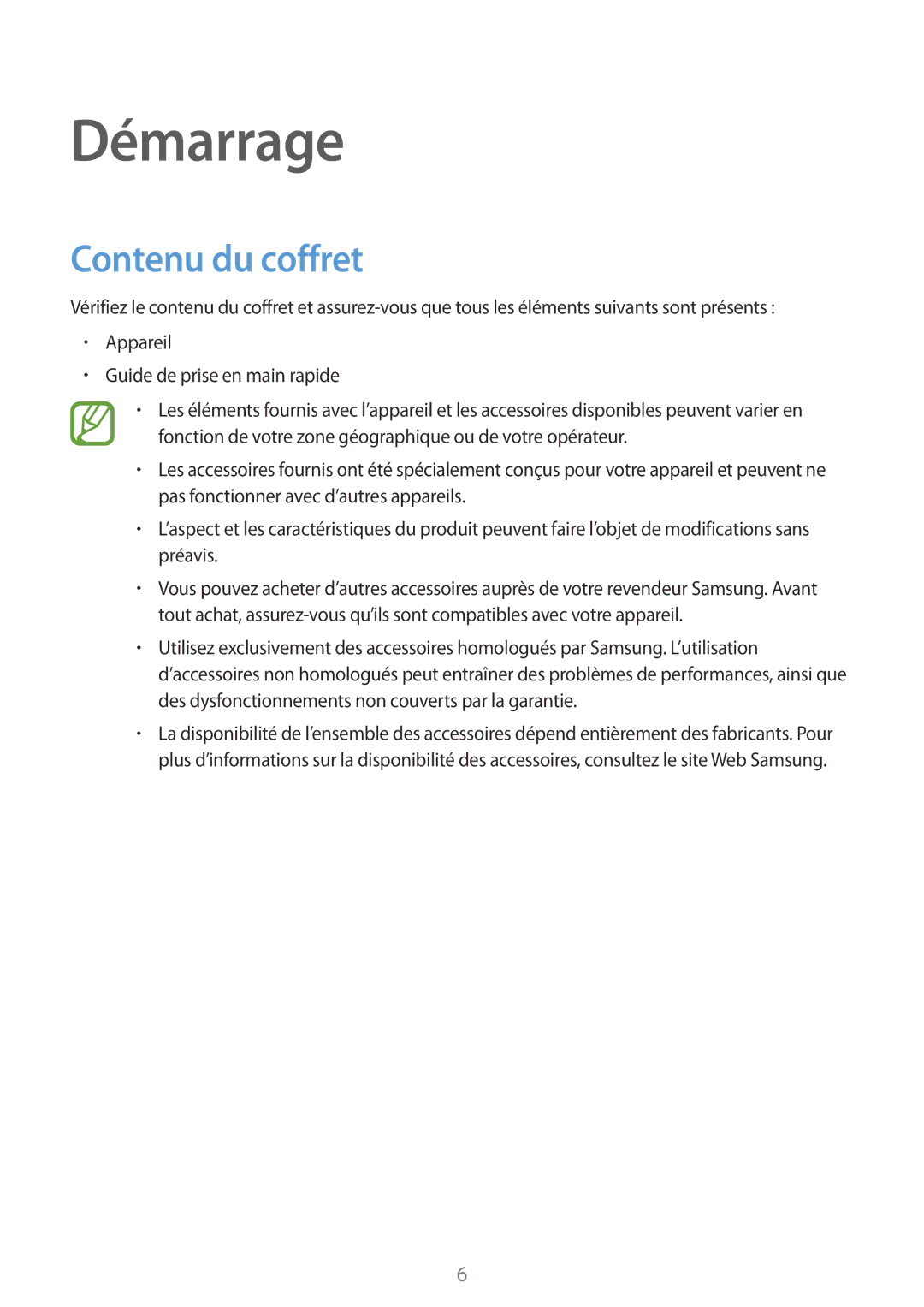 Samsung SM-T116NYKAXEF manual Démarrage, Contenu du coffret 