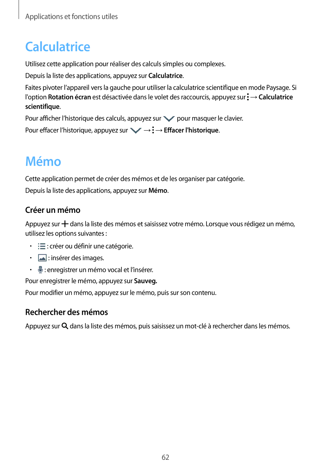 Samsung SM-T116NYKAXEF manual Calculatrice, Mémo, Créer un mémo, Rechercher des mémos 