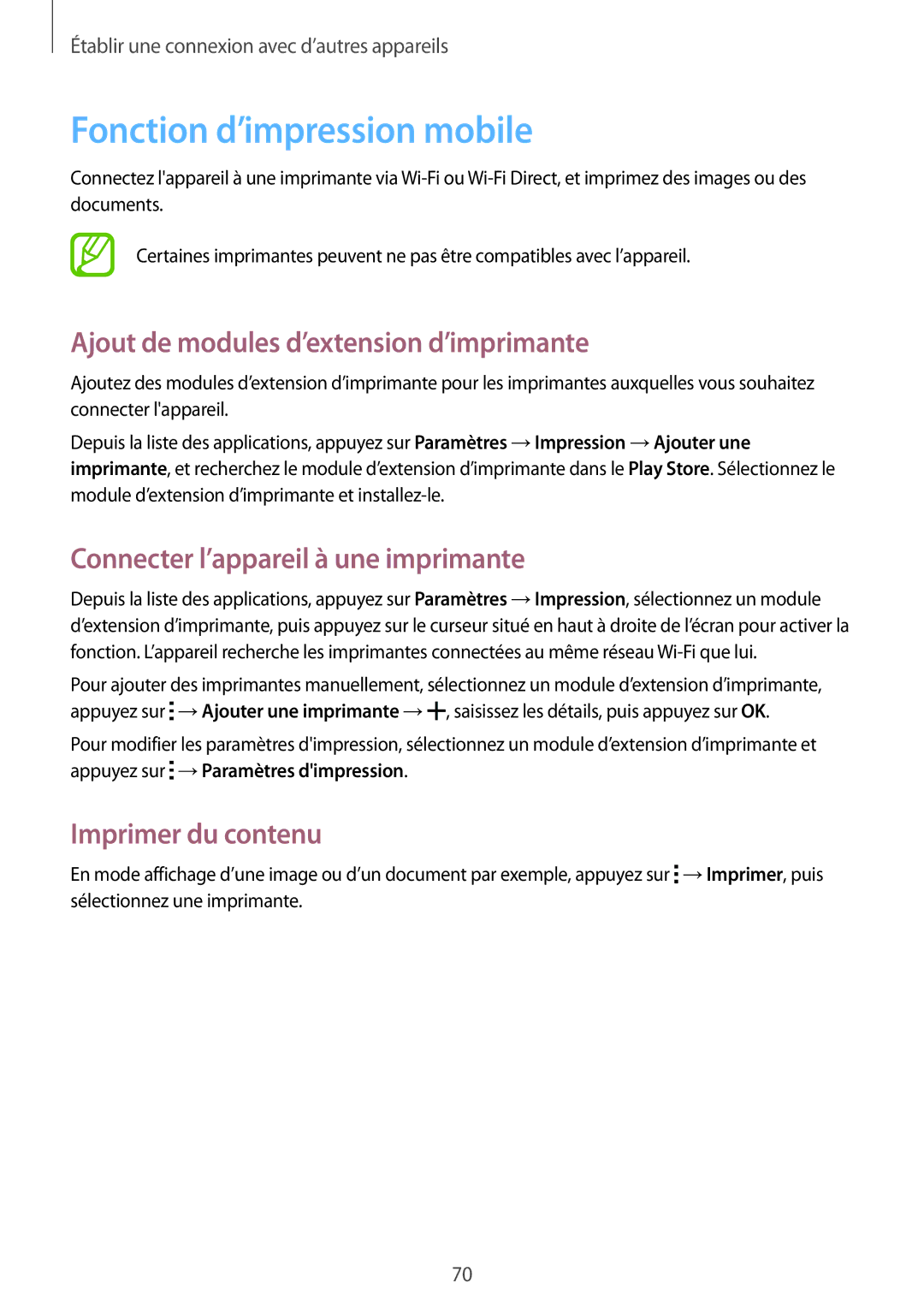 Samsung SM-T116NYKAXEF manual Fonction d’impression mobile, Ajout de modules d’extension d’imprimante, Imprimer du contenu 