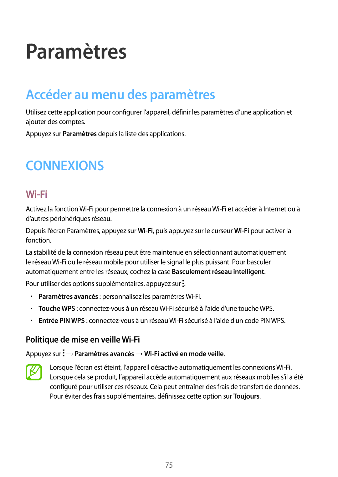 Samsung SM-T116NYKAXEF manual Paramètres, Accéder au menu des paramètres, Politique de mise en veille Wi-Fi 