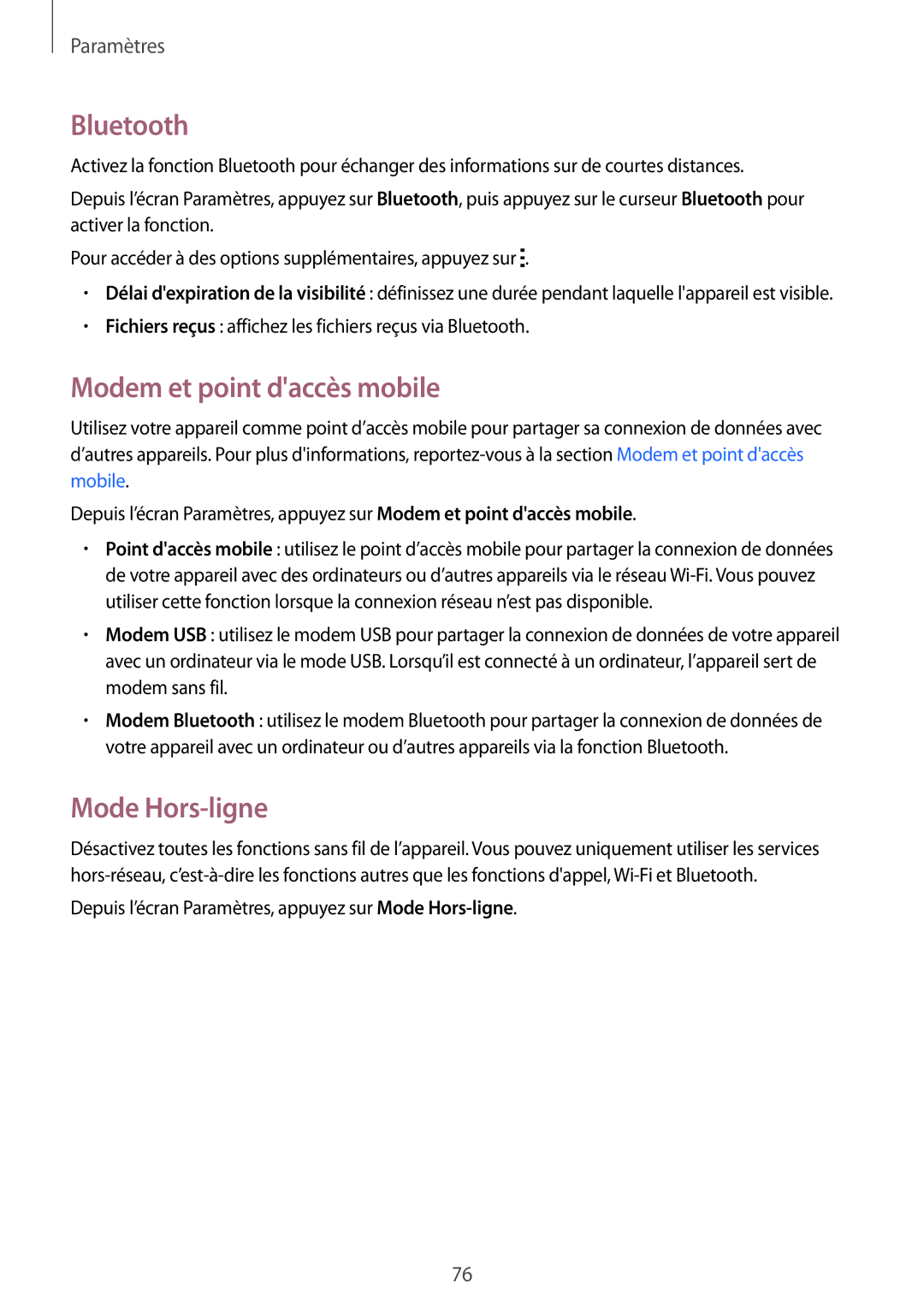 Samsung SM-T116NYKAXEF manual Bluetooth, Modem et point daccès mobile, Mode Hors-ligne 