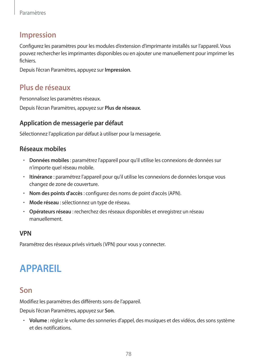 Samsung SM-T116NYKAXEF manual Impression, Plus de réseaux, Son, Application de messagerie par défaut, Réseaux mobiles 