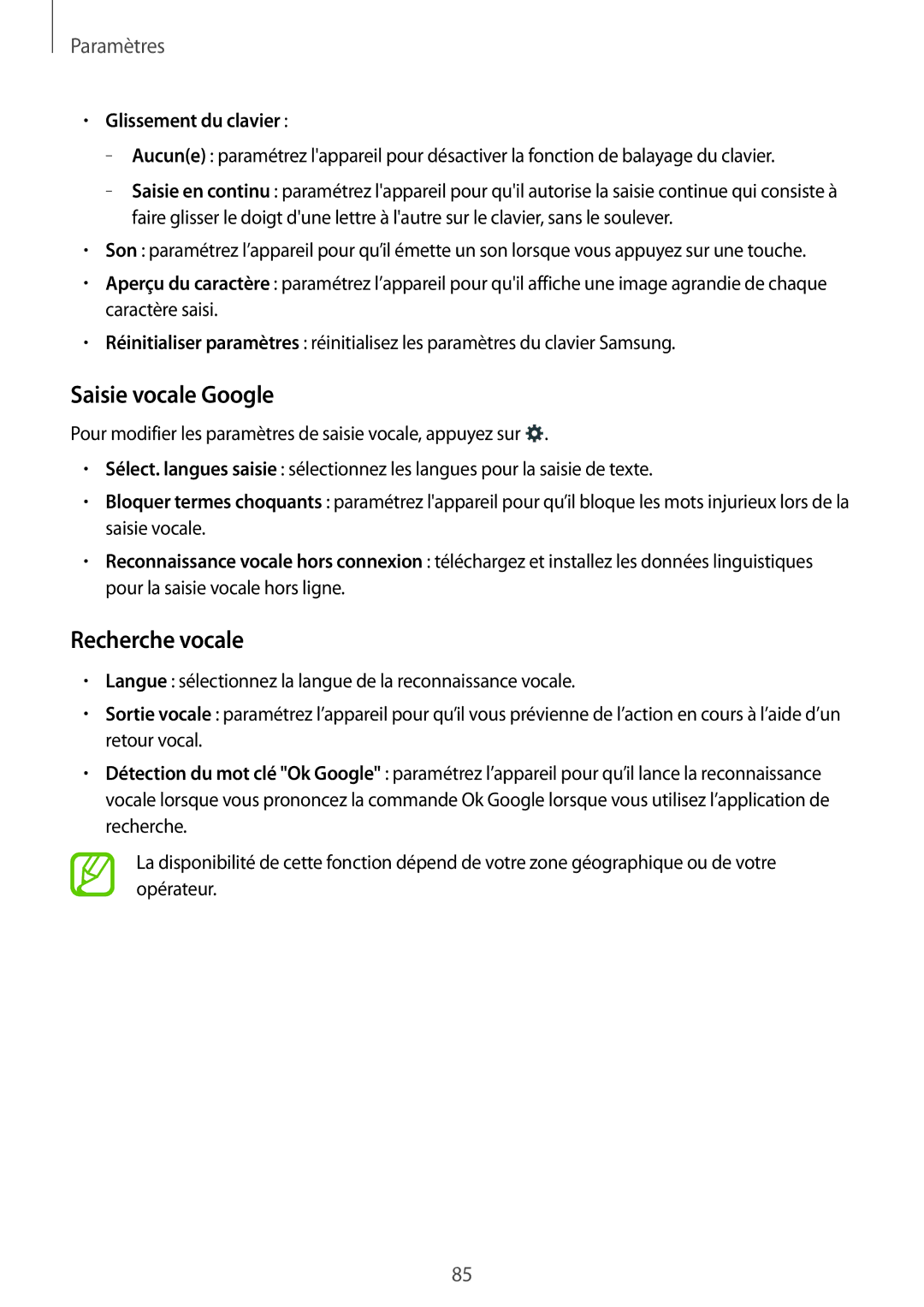 Samsung SM-T116NYKAXEF manual Saisie vocale Google, Recherche vocale, Glissement du clavier 