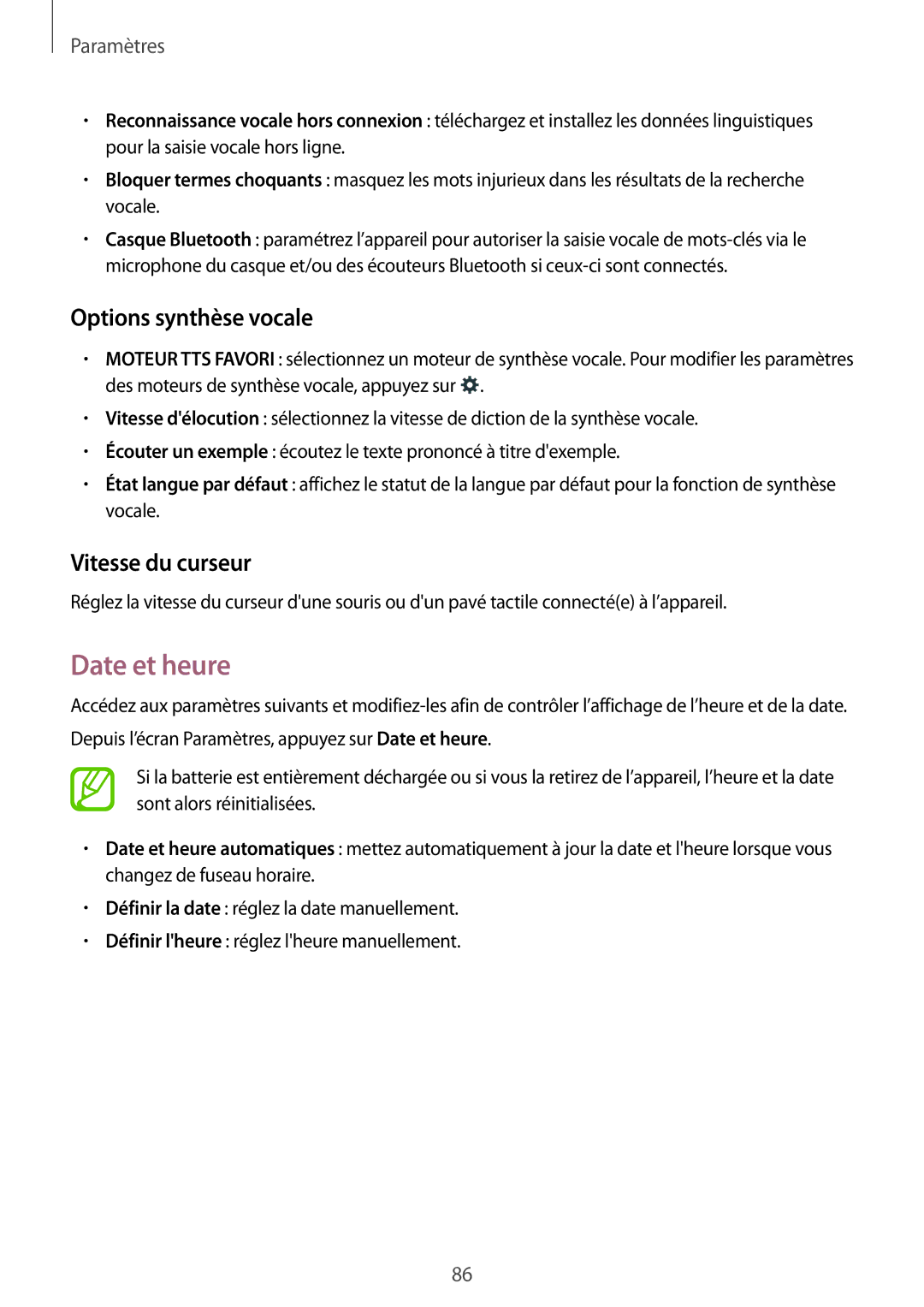 Samsung SM-T116NYKAXEF manual Date et heure, Options synthèse vocale, Vitesse du curseur 