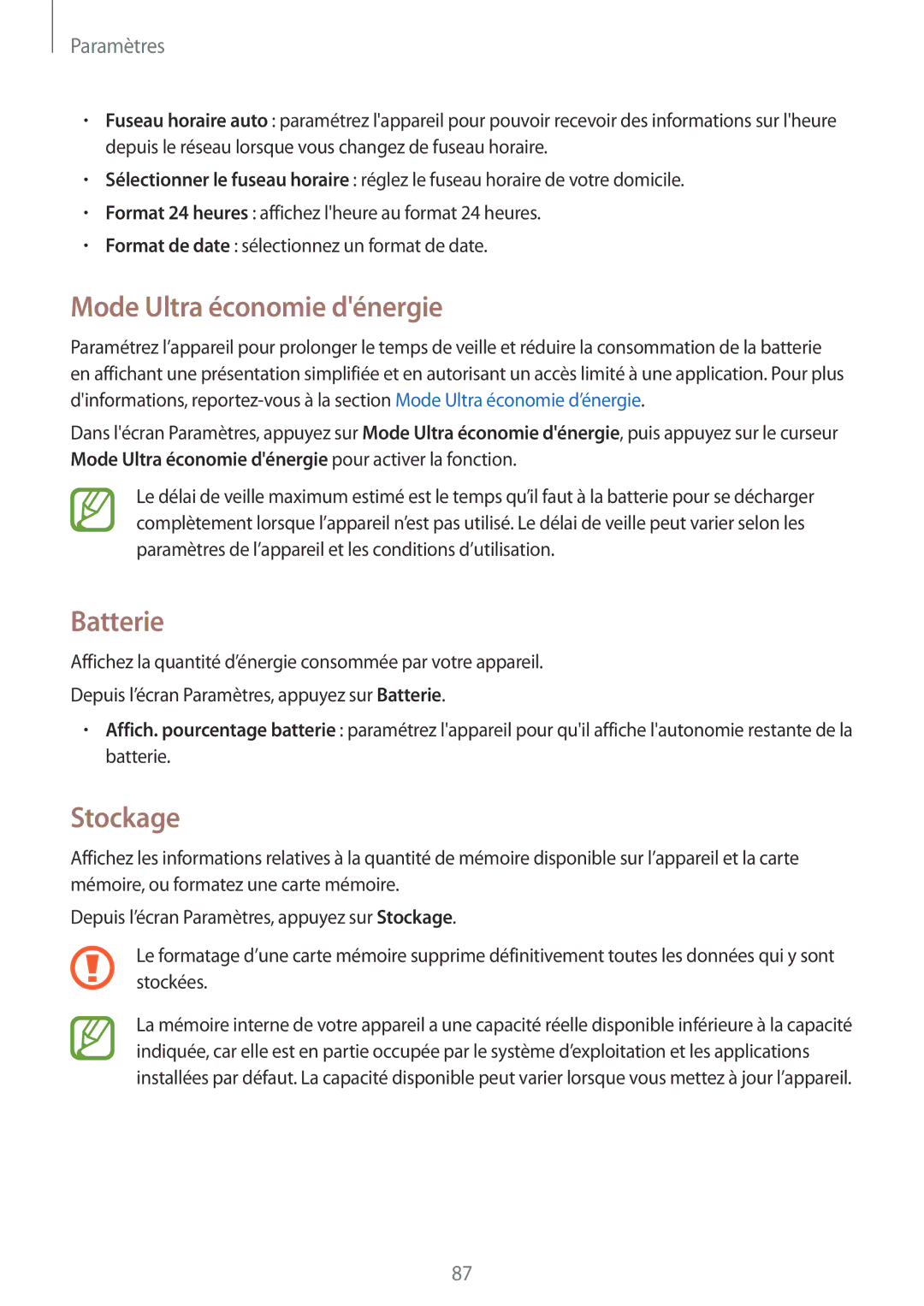 Samsung SM-T116NYKAXEF manual Batterie, Stockage 