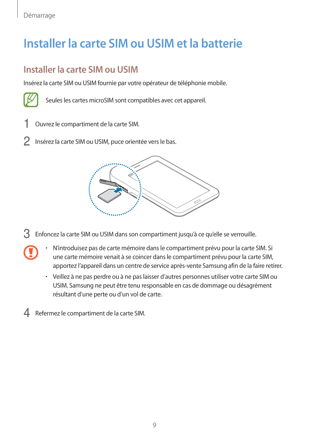 Samsung SM-T116NYKAXEF manual Installer la carte SIM ou Usim et la batterie 